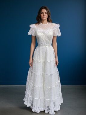 TULLE Dot Full Skirt Puff Sleeve Party Dress / 80s Coquette Ballet Fairy gown XS